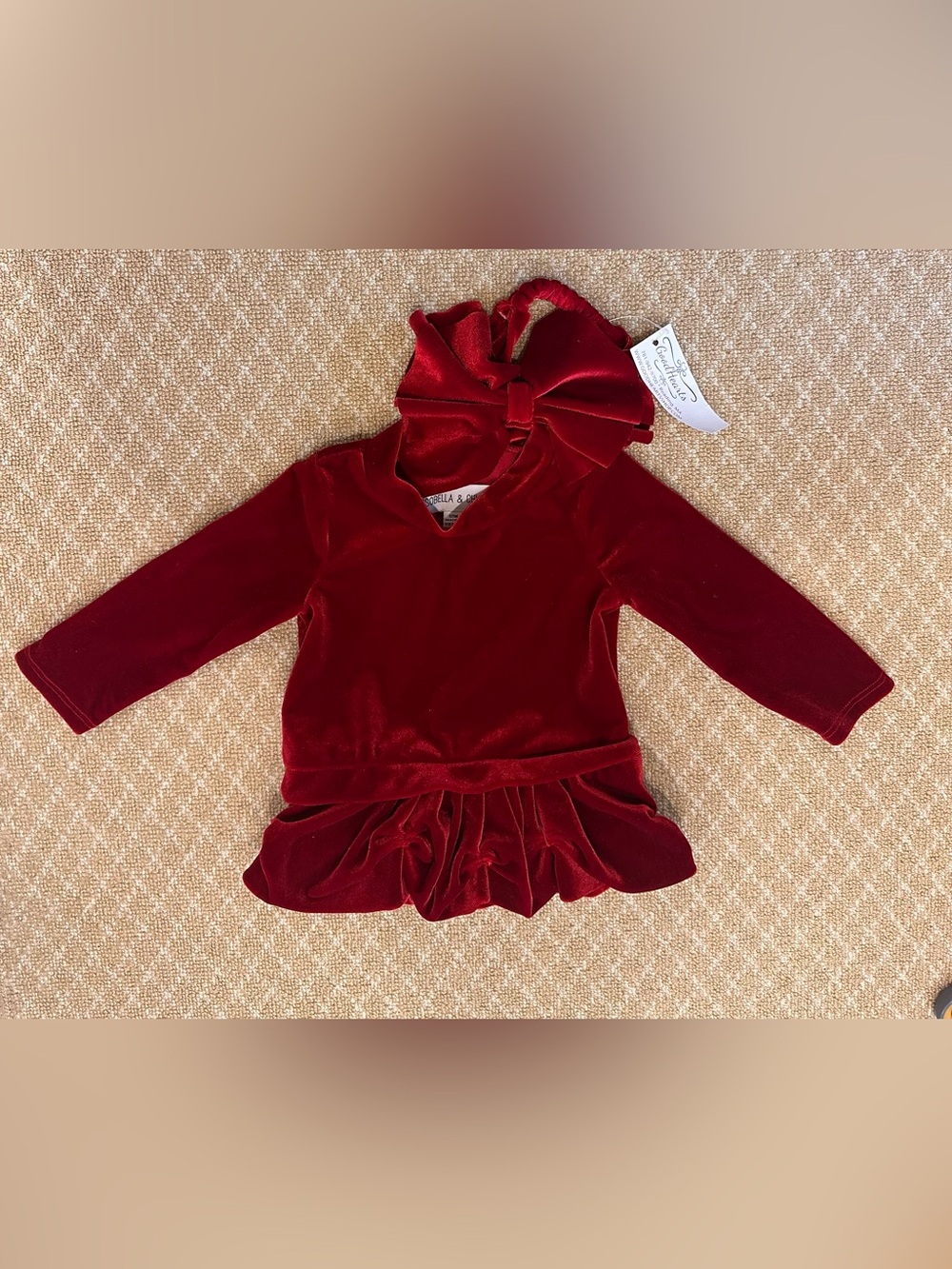 Isobella & Chloe Red Velvet Dress with Bow Headband- 12 month